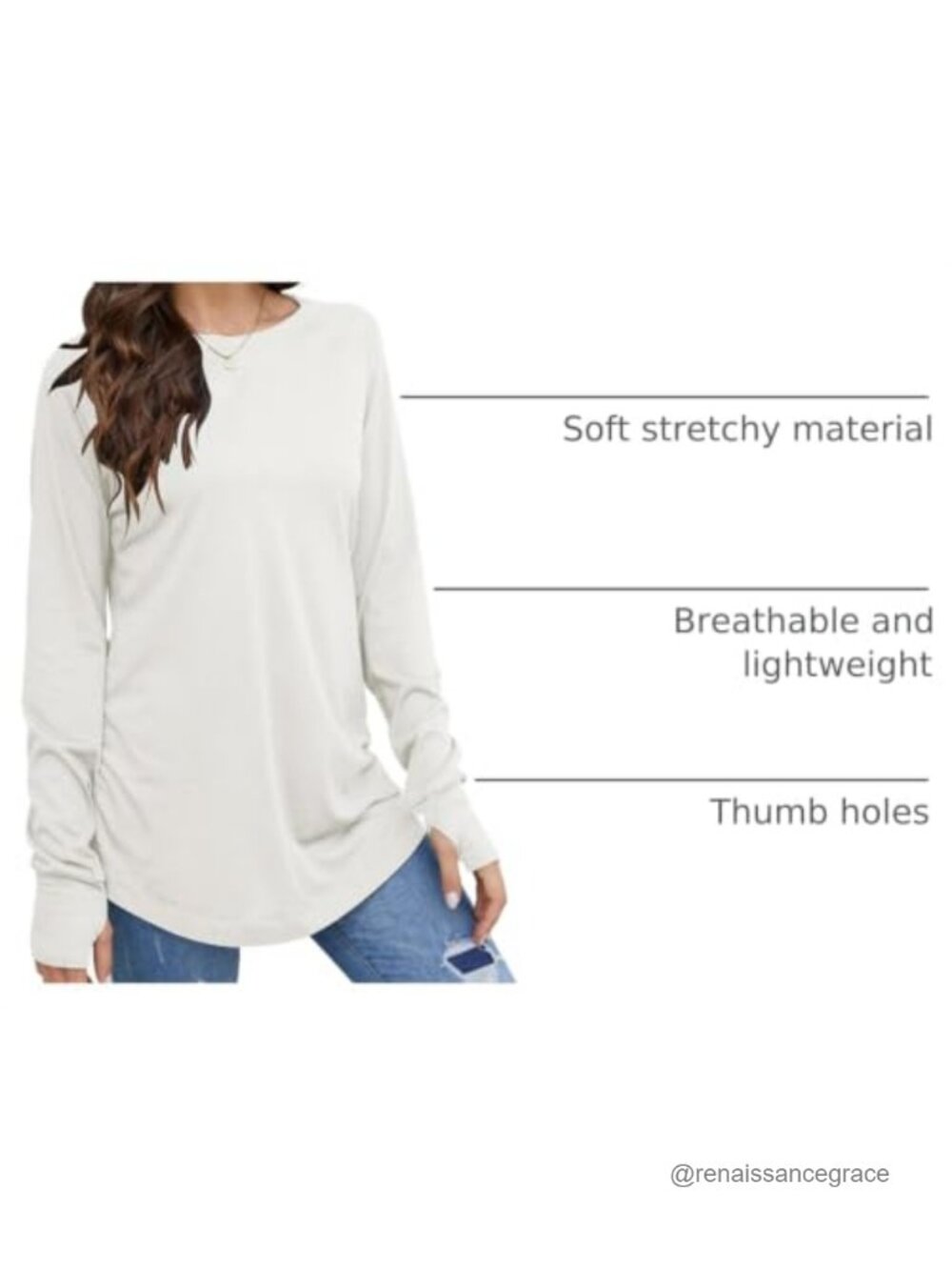 Womens Long Sleeve Tunic Top Thumb Holes Loose Fit Crew Neck Pullover - Picture 2 of 6